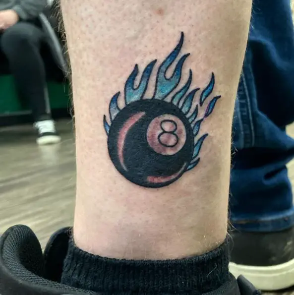 Black 8 Ball with Blue Flames Ankle Tattoo