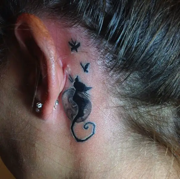 Black Cat and Twin Butterflies Tattoo Behind the Ear