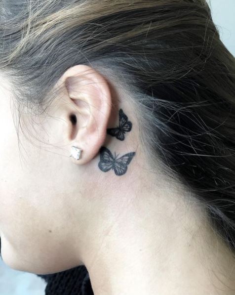 Black Colored Butterflies Ear Tattoo
