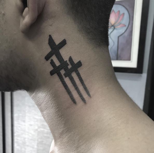 Black Ink Three Cross Neck Tattoo