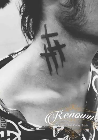 Black Inked Three Cross Neck Tattoo