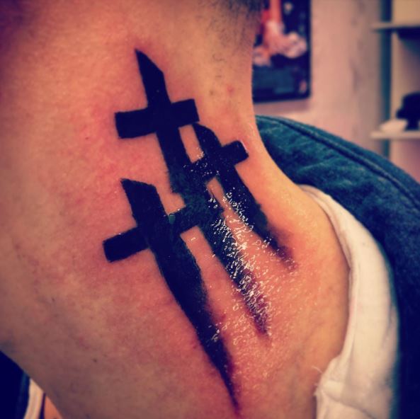 Black Inked Three Cross Tattoo