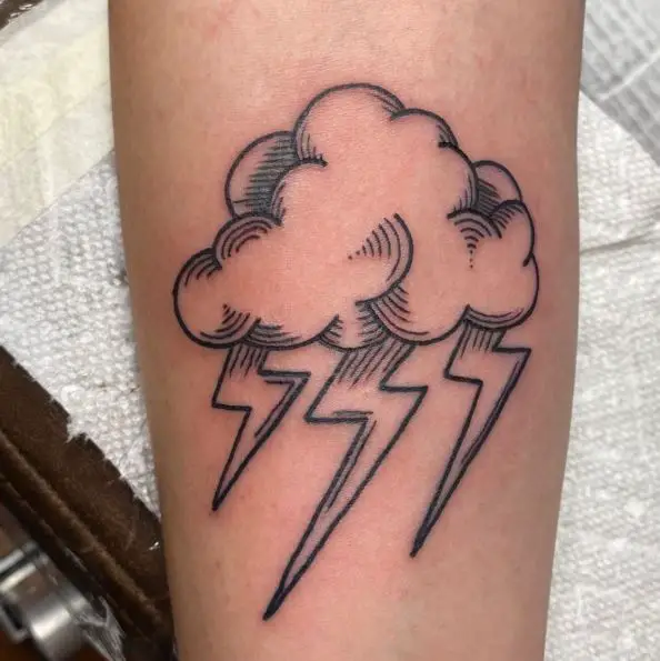 Black Line Cloud and Lightning Bolt Tattoo