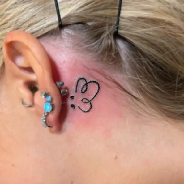 Black Line Semicolon Butterfly Behind the Ear Tattoo