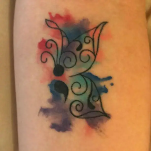 Black Line Semicolon Butterfly with Water Color Tattoo