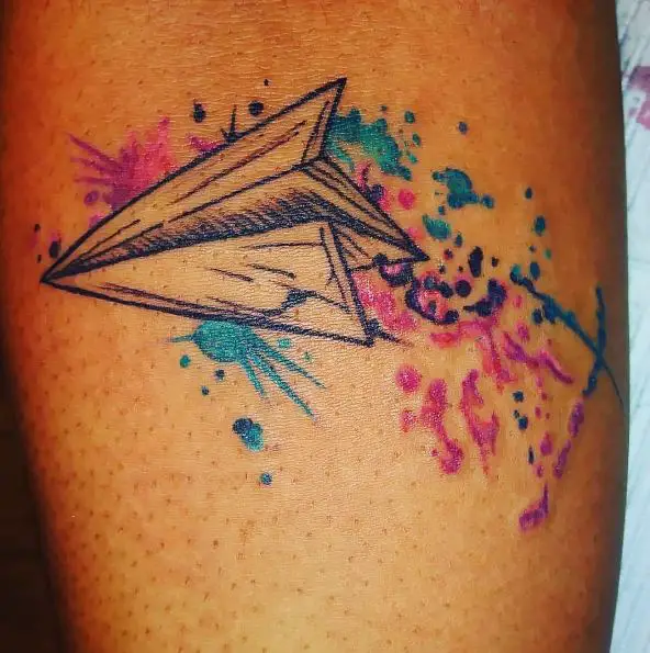 Black Paper Plane with Water Color Splash Tattoo