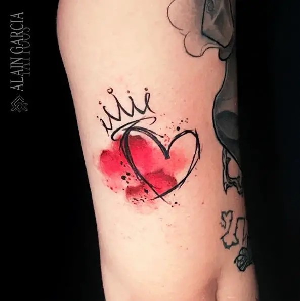 Black Scribble Style Queen of Hearts Tattoo with Red Color Splash
