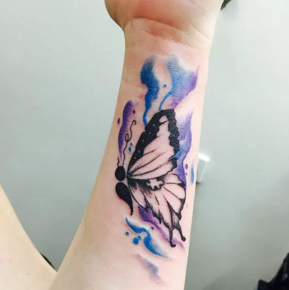 Black Semicolon Butterfly with Colored Water Color Tattoo