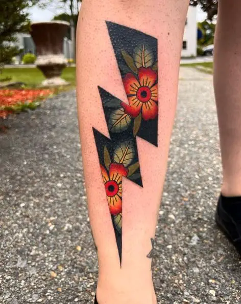 Black Theme Flowery Lightning Bolt Tattoo
