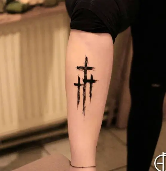 Black Three Cross Calf Tattoo