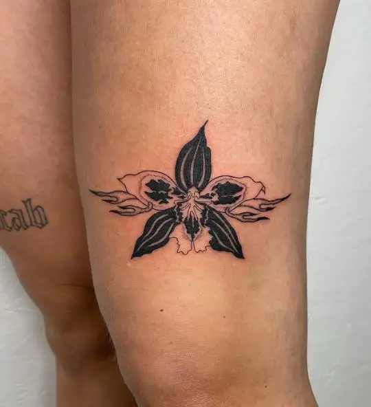 Black Work Orchid Flower Thigh Tattoo