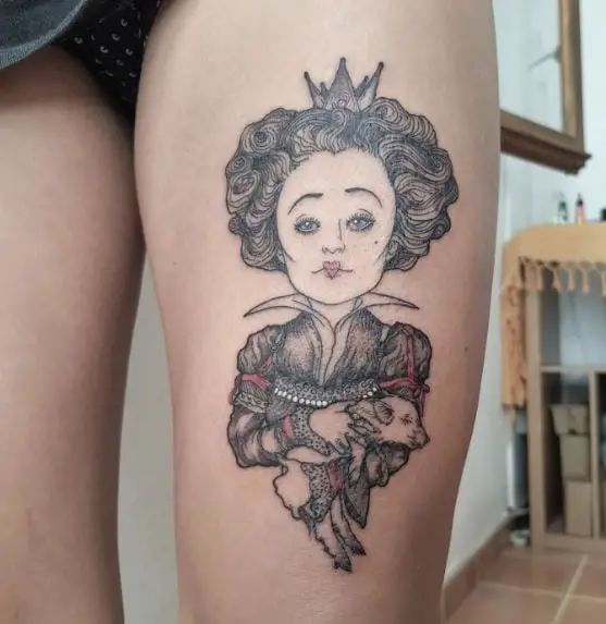 Black Work Queen of Hearts with a Pig Tattoo