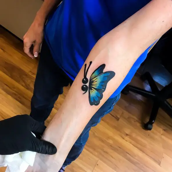 Black and Blue Semicolon Butterfly Forearm Tattoo