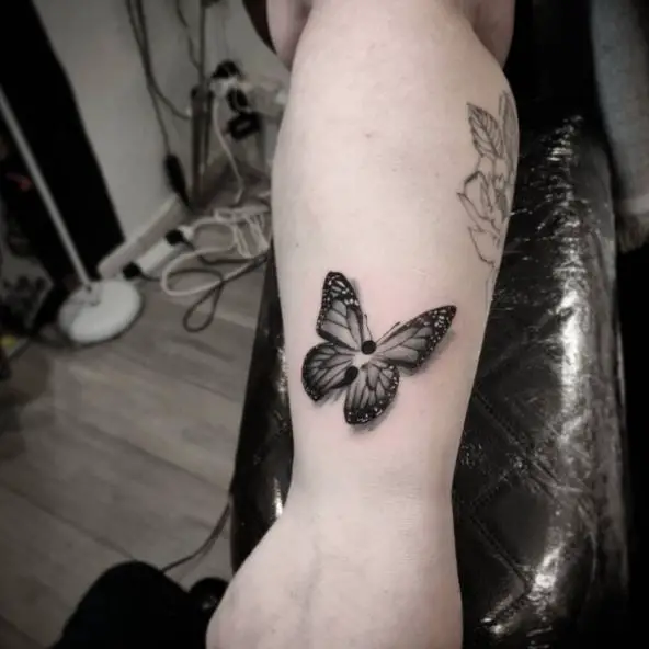 Black and Grey 3D Semicolon Butterfly Tattoo