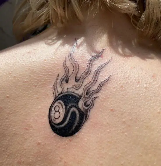 Black and Grey 8 Ball Tattoo with Flames