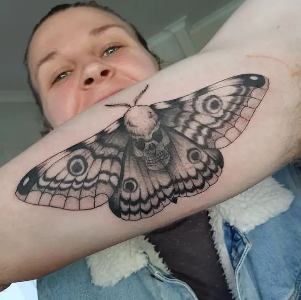 Black and Grey Death Moth Forearm Tattoo
