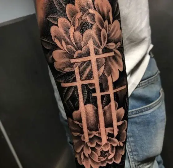 Black and Grey Floral and Cross Tattoo