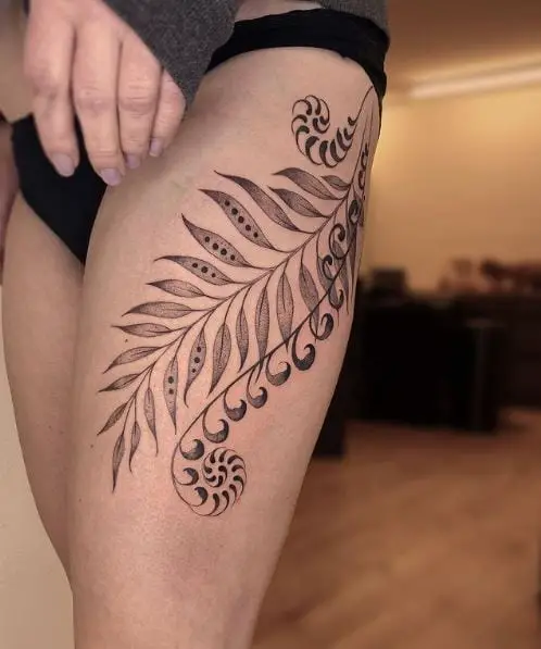 Black and Grey Large Size Leaves Thigh Tattoo