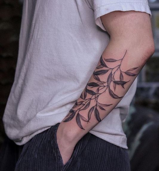 Black and Grey Leaves Forearm Tattoo