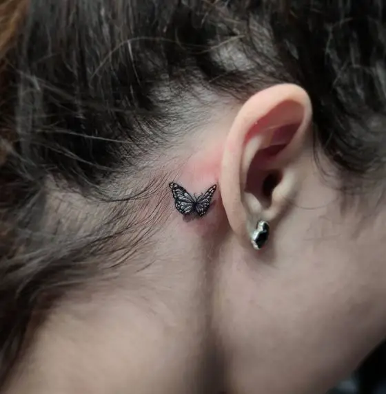 Black and Grey Monarch Butterfly Ear Tattoo