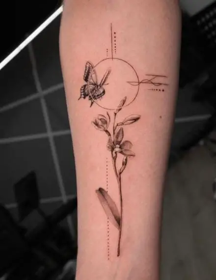 Black and Grey Orchid with Butterfly Forearm Tattoo