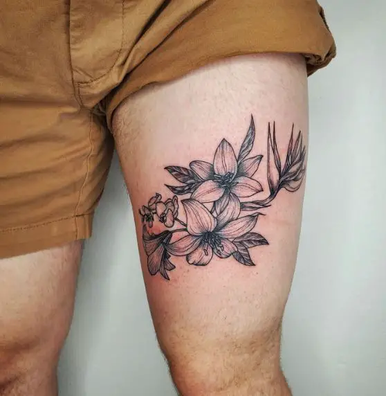 Black and Grey Orchids Thigh Tattoo