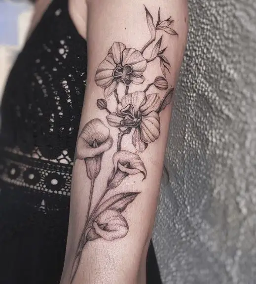Black and Grey Orchids and Calla Lily Tattoo