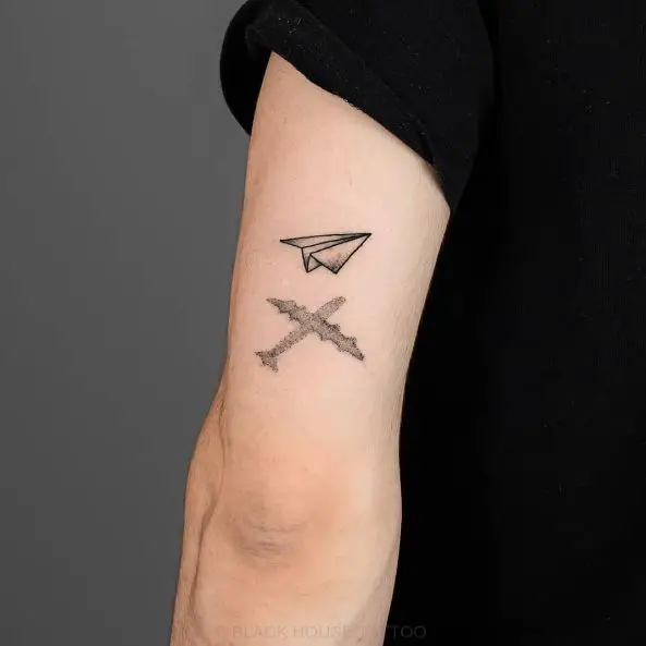 Black and Grey Paper and Airplane Tattoo