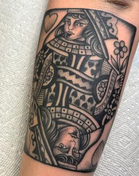Black and Grey Queen of Hearts Tattoo