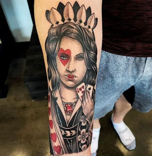 Black and Grey Queen of Hearts with Playing Cards Tattoo