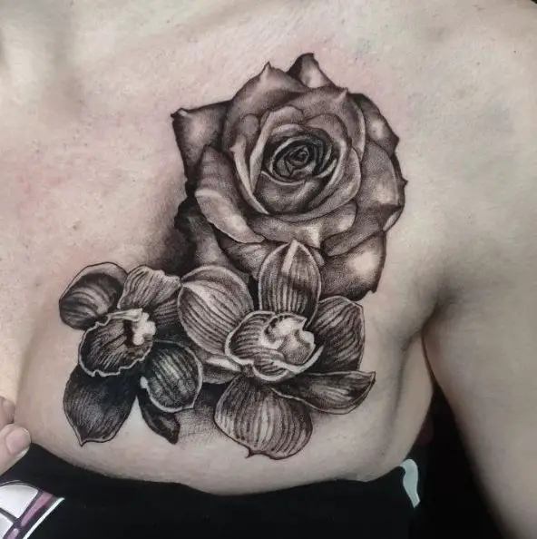 Black and Grey Realistic Rose and Orchids Tattoo