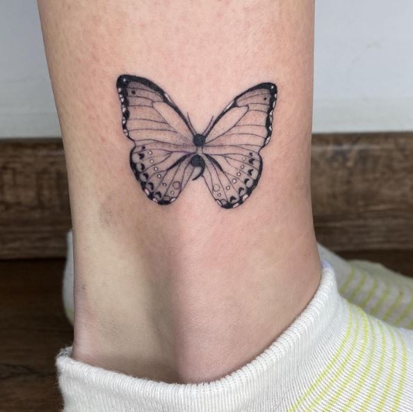 Black and Grey Semicolon Butterfly Ankle Tattoo