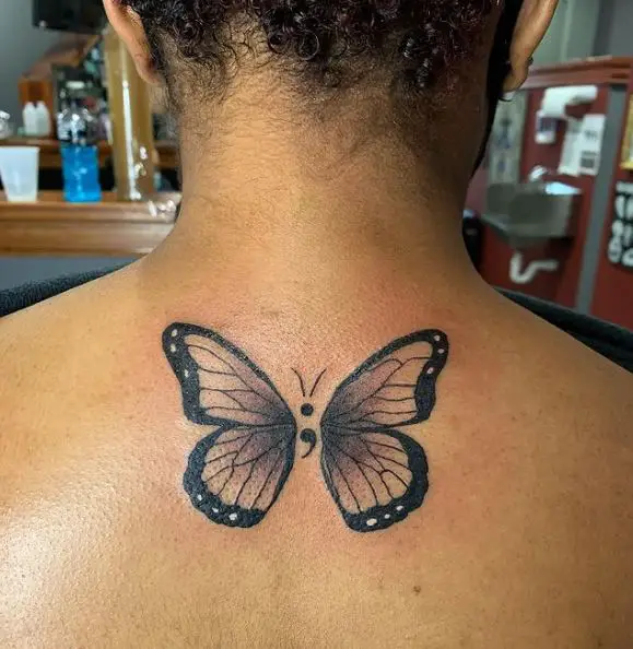 Black and Grey Semicolon Butterfly Back Tattoo