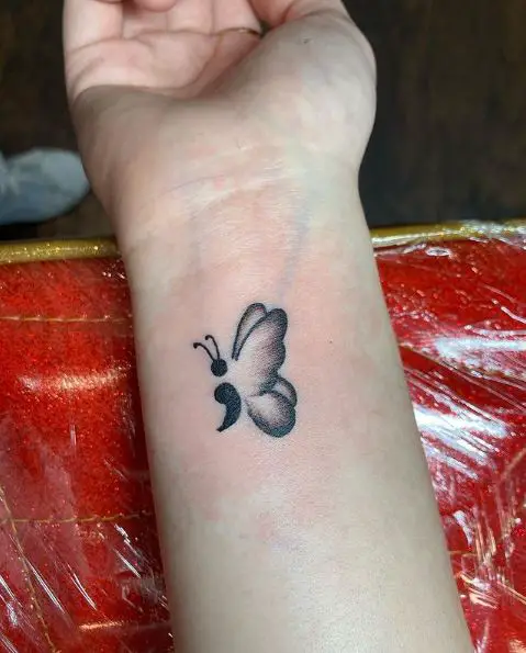 Black and Grey Semicolon Butterfly Wrist Tattoo