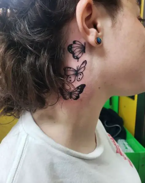 Black and Grey Triple Butterflies Tattoo Ear Tattoo
