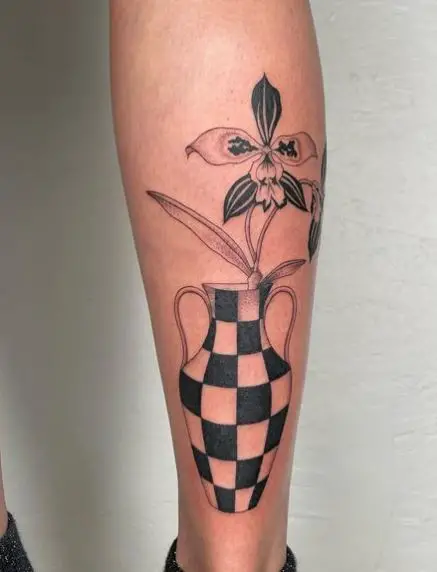 Black and Grey Vase and Orchid Flower Tattoo