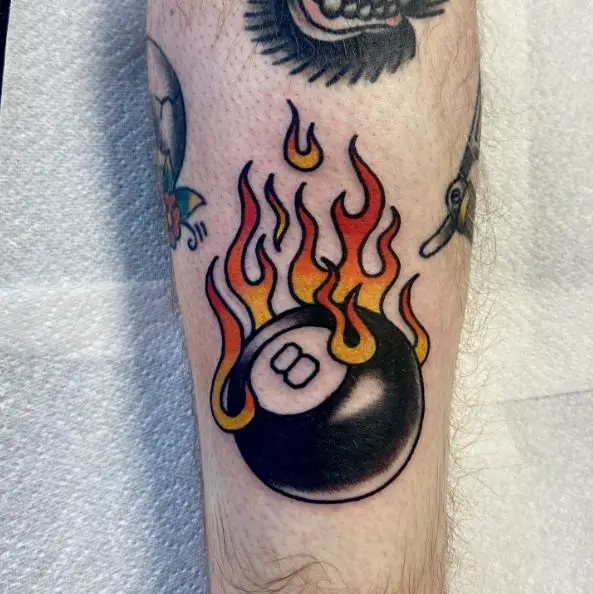 Black and Orange Flaming 8 Ball Tattoo