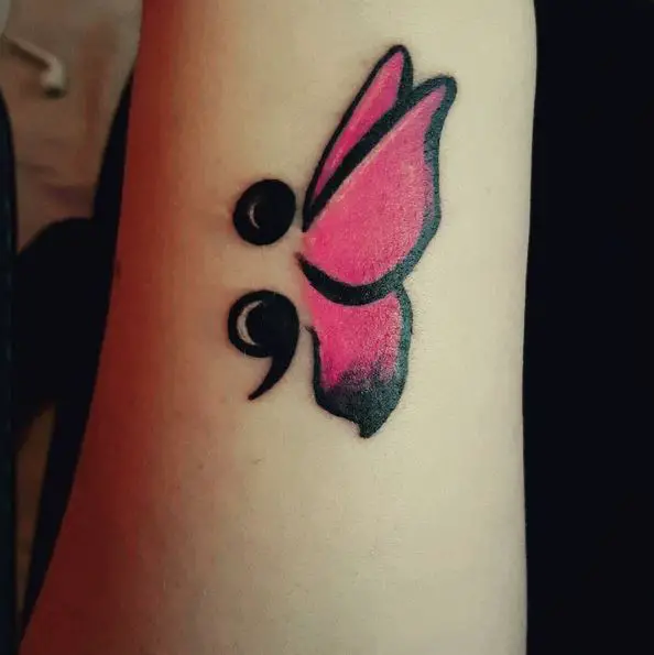 Black and Pink Semicolon Butterfly Tattoo