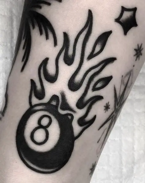 Black and White Burning 8 Ball Tattoo