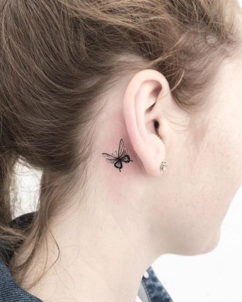 Black and White Delicate Butterfly Ear Tattoo