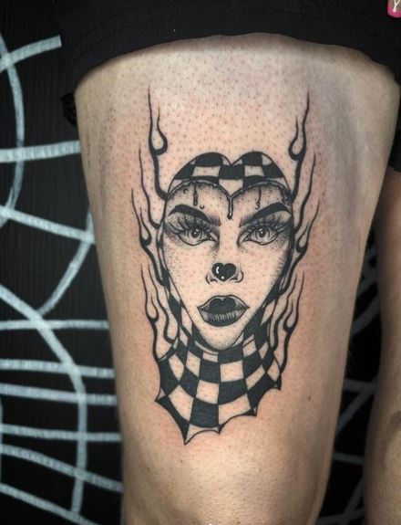 Black and White Queen of Hearts Face Tattoo