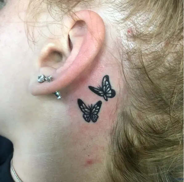 Black and White Twin Butterflies Ear Tattoo