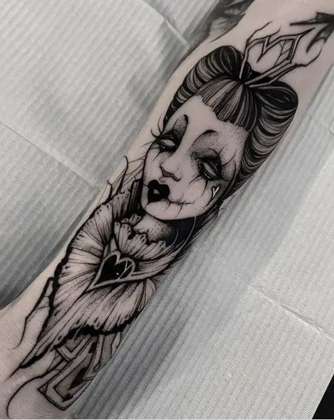 Black and White Zombie Queen of Hearts Tattoo