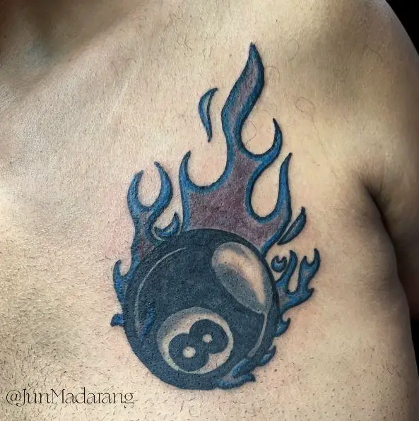 Blue Flaming 8 Ball Chest Tattoo
