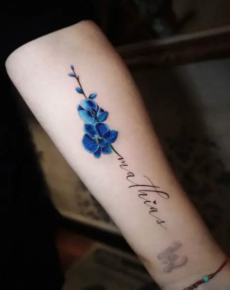 Blue Twin Orchids with Text Forearm Tattoo