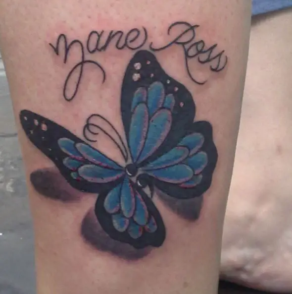 Blue and Black Semicolon Butterfly Tattoo with Text Tattoo