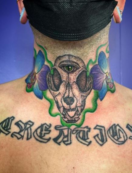 Blue and Purple Orchid with Skull Neck Tattoo