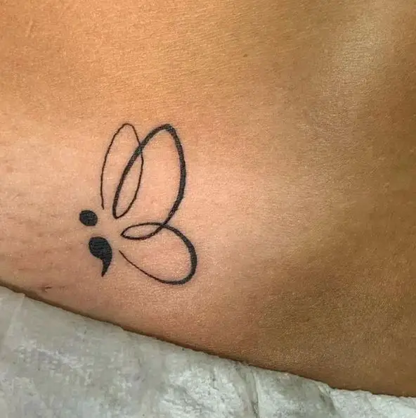 Bold Black Ink Semicolon Butterfly Tattoo