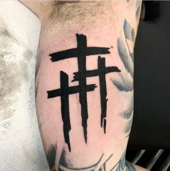 Bold Black Inked Three Cross Tattoo