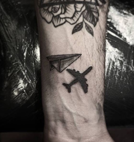 Bold Ink Paper and Real Plane Wrist Tattoo